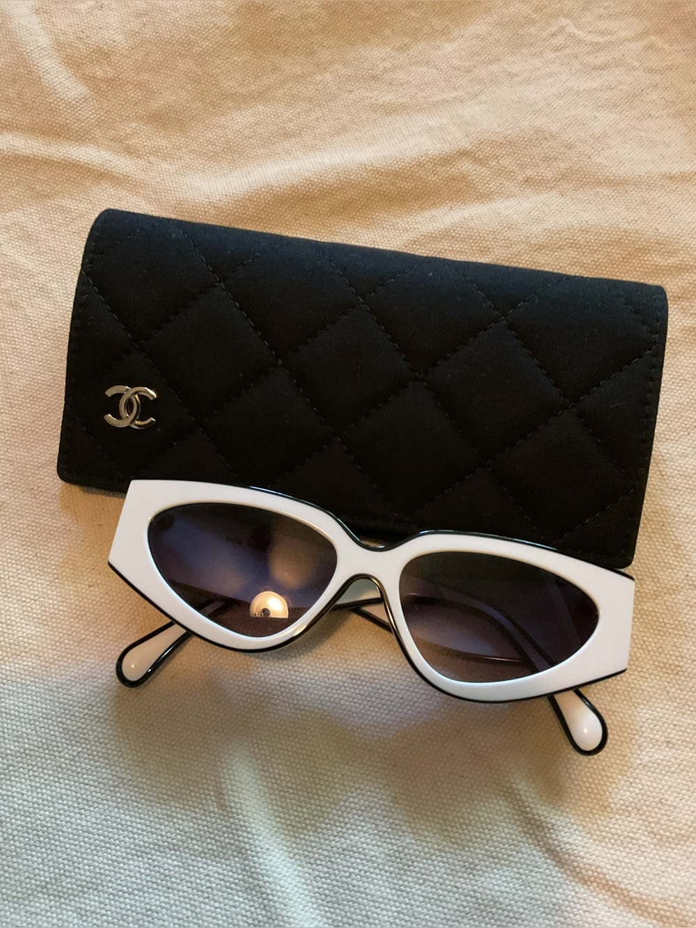 CC Black Quilted Sunglass Case with White Cat Eye Sunglasses